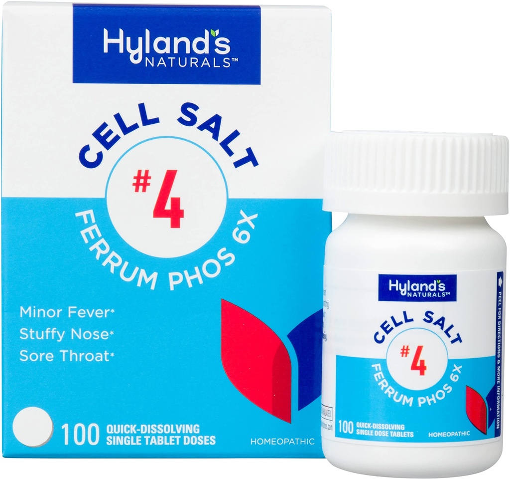 Hyland的4号细胞盐 Ferrum Phos 6X板块,Decongestant and Sinus Relief,炎症补充,冷热症状的自然救济,快速溶解板块,100个计数