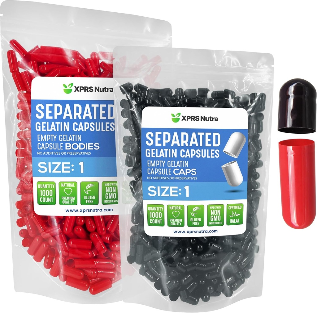 XPRS Nutra 大小 1 Gelatin 分离的卡普尔- 1000 个空卡普尔- 空卡普尔 分离成 Bags- 空卡普尔用于 DIY 补充填充(黑色/红色)
