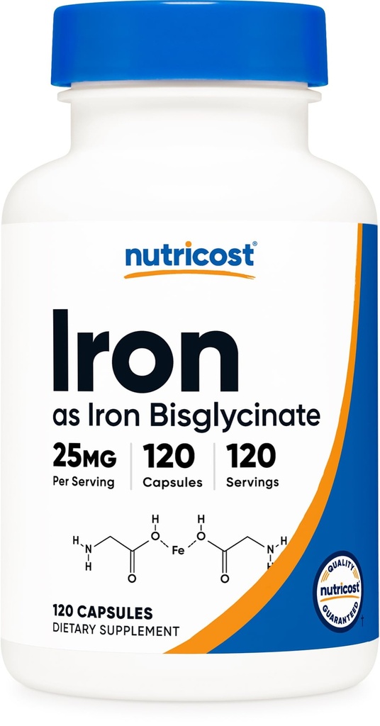 营养成本铁比斯格化补充物(25mg) 120 Capsules - 来自Ferrous Bisglect Chelate - 非GMO & Gluten-无