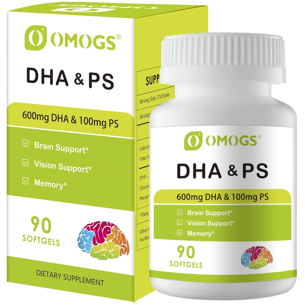 OMOGS Algae DHA - 600 mg Omega-3 DHA Softgels,配有磷酸二乙酯和胡桃油,支持健康脑功能,视觉,眼和记忆,Gluten Free,N-GMO Vegan Algae Oil,90软胶