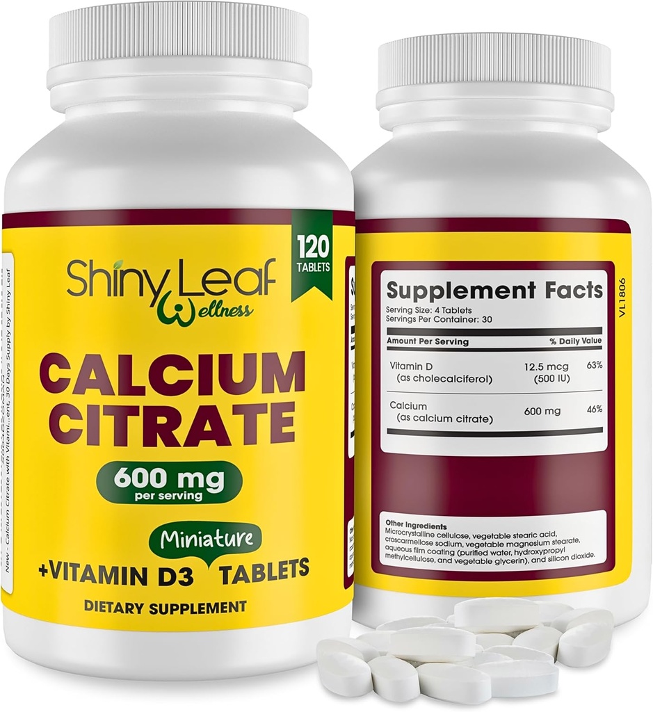 亮叶钙迷你600mg - 每日钙片 Citrate 600mg + Vitamin D3 用于巴利亚特科后期和男士胃旁道,易咽,美国制作,植物学-120Ct.