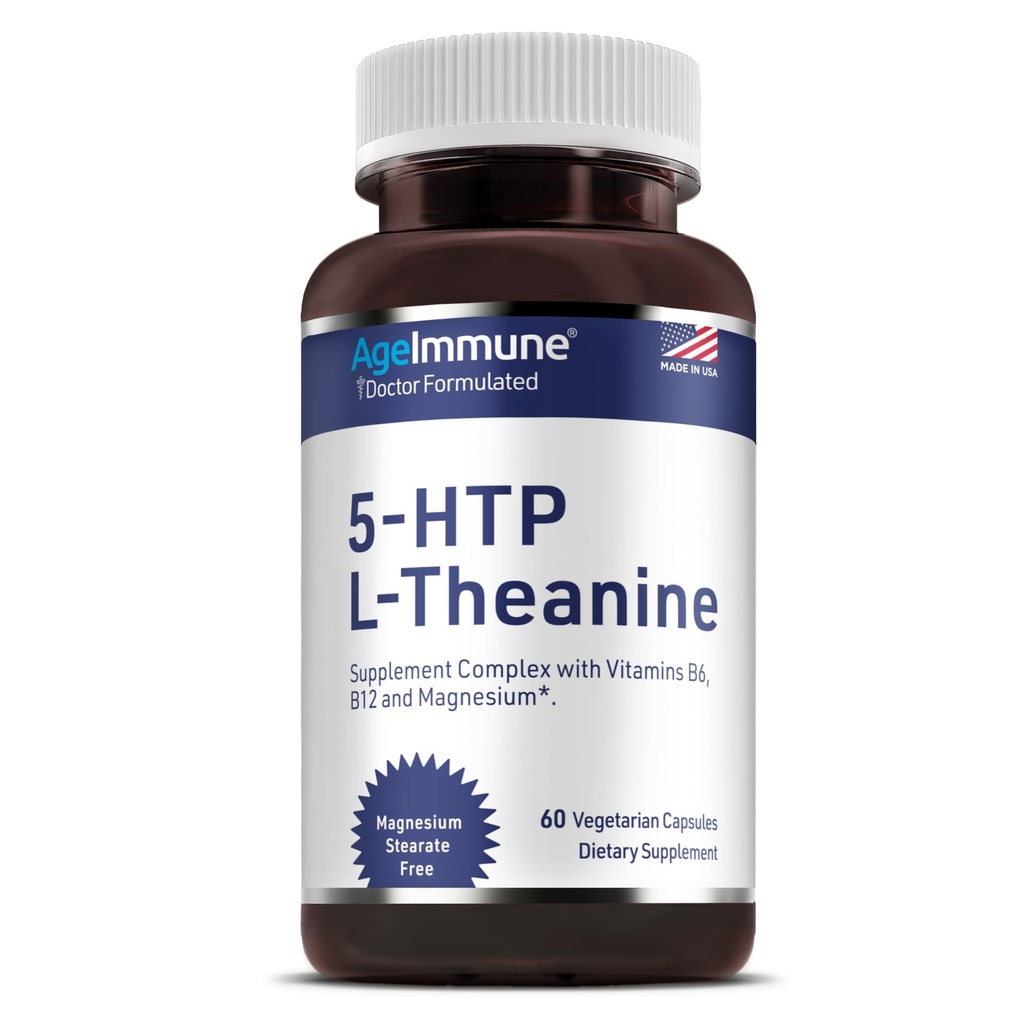 向青少年和成年人提供5-HTP压力缓解和放松支持的公式,配有5-HTP,L-Theanine,维生素B6,维生素B12,镁 - 医生配制 - 镁蒸馏自由 - 60个胶囊.