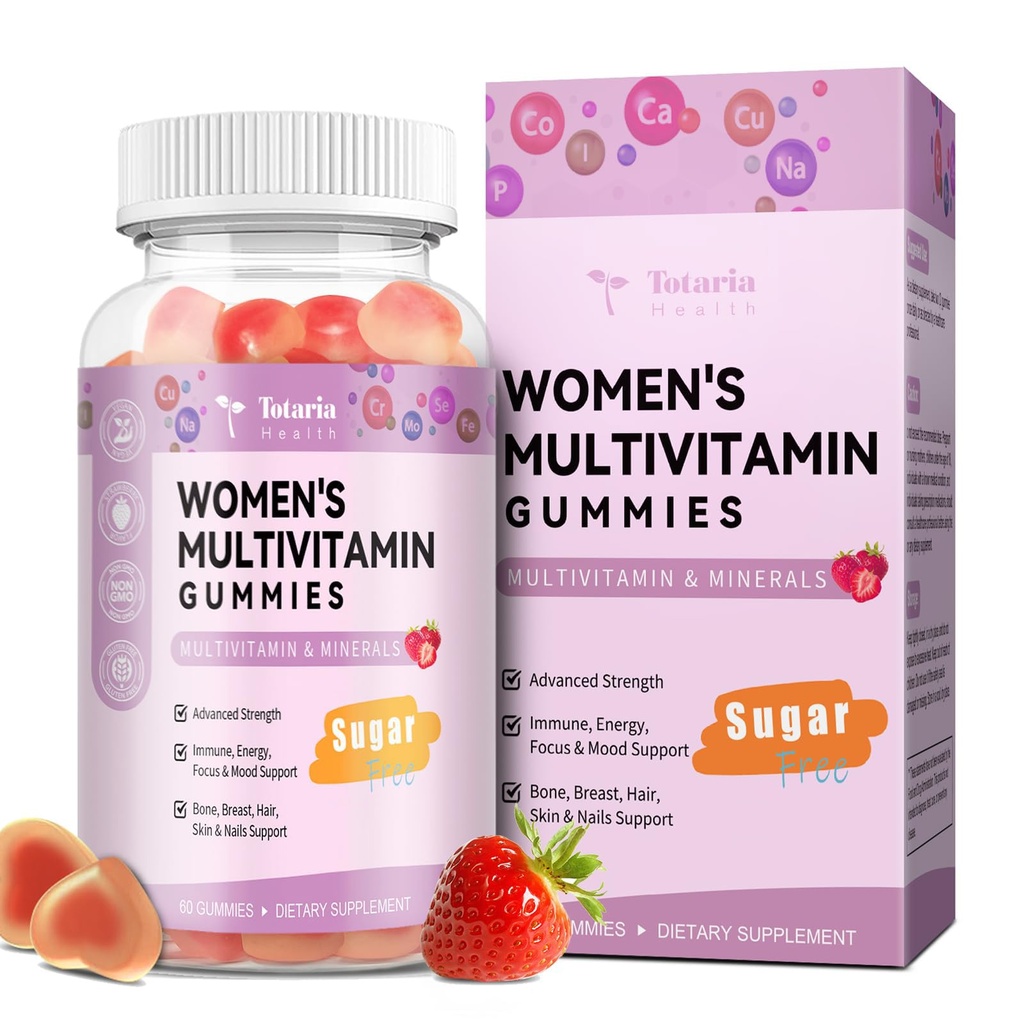 Totaria 免糖 多维明 女性14+ w/ Iron, Inositol, Folate, Biotin, 女性日报 多维明 Gummy w/维生素 A, C, B, D3, K2, 头发, 皮肤, 能源, Immune, 草莓 Flavor