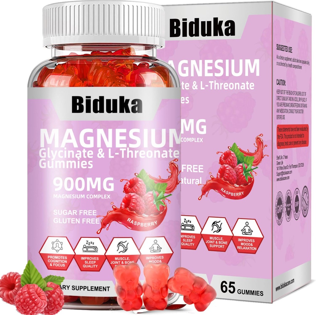 900mg 镁复合物 65 Raspberry Gummys,无糖镁 Glycinate & L-Threonate 钾 配维生素D, B6, CoQ10 放松剂