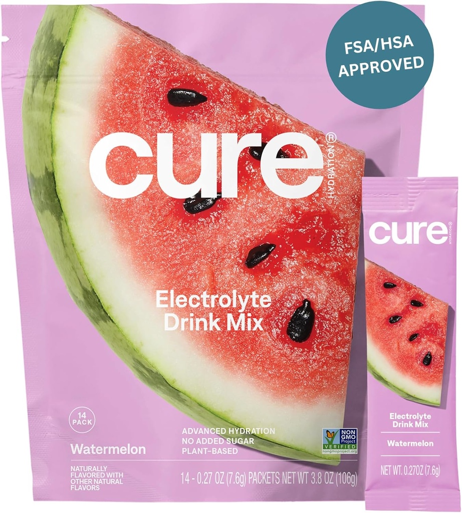 氨水(Cure Hydrition QQ) 植物用电解质 饮料 混合剂 没有添加的糖 FSA-HSA | 用椰子水制的脱水解药 | Non-GMO | Vegan | Pouch of 14 Packets - 西瓜