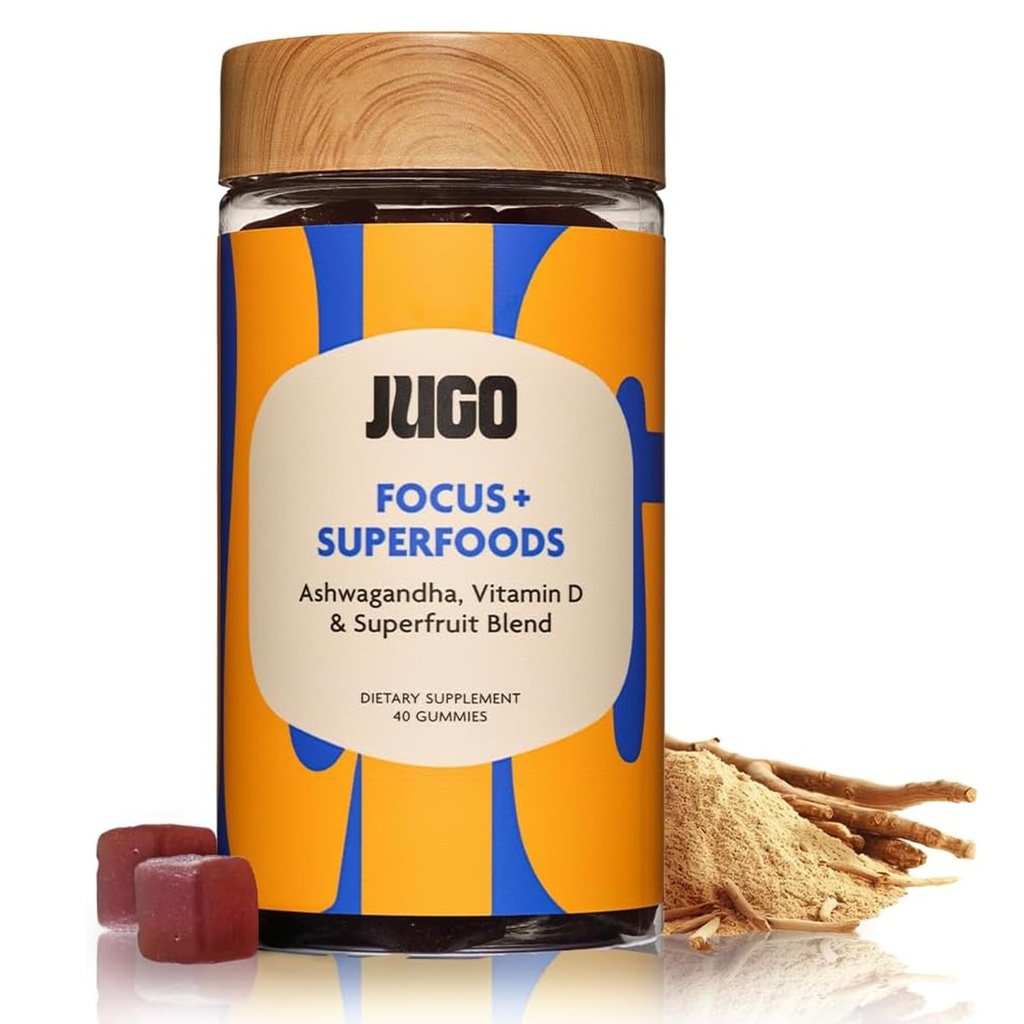 JUGO Focus + SUPERFOODS + Ashwagandha Gummys配有维生素D3 & Superfect Blend → 40 Counter Plant - 基于适应原产地 Gummys → Gelatin-Free,非GMO,美国制造.