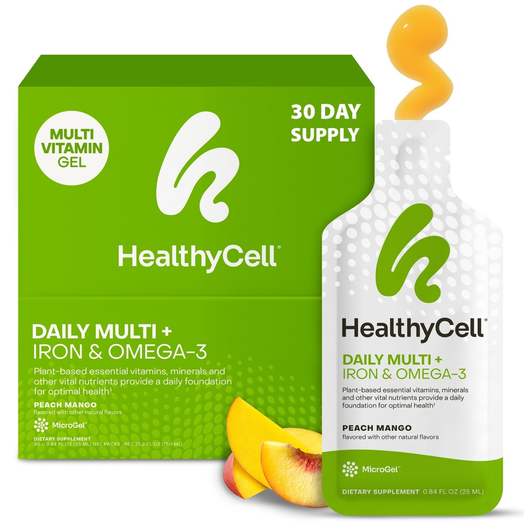 健康细胞 Vegan Daily 多维特敏液体补充剂,配铁和Omega-3, 25+ 基本维生素、矿物和营养剂,用于脑和心脏健康、免疫支持和能源-30 Gel包装