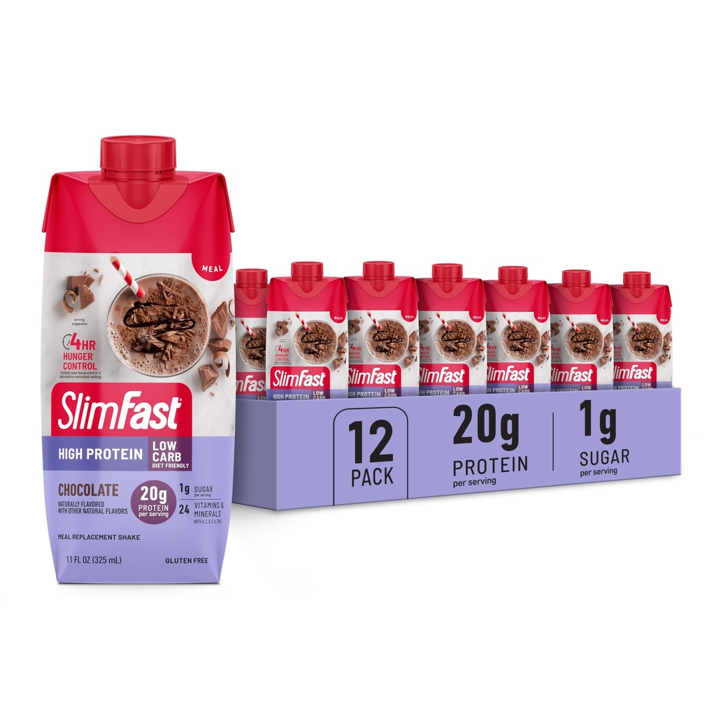 SlimFast蛋白摇摆,巧克力-20g蛋白, 替代食品摇摆准备饮用, 高蛋白与低卡布和低糖, 24维生素和矿物, 12 Counter (Pack of 1) (Package May Vary)