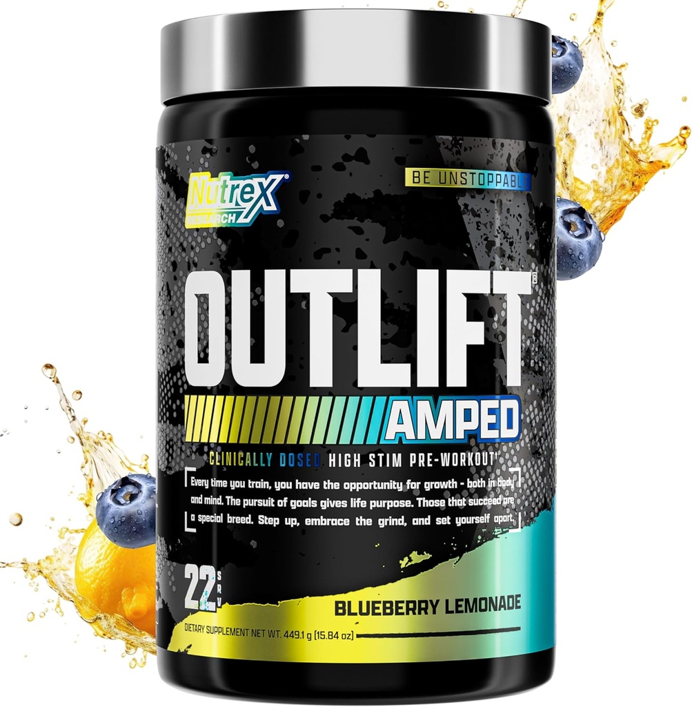 OutLIFT Ampped Max Dosed high STIM Pre Workingout Powder, 6G Citrulline, 3.2G Beta Alanine, Alpha GPC, CognatiQ, 极端能量, 大型泵, 电解质, 诺特罗比蓝莓柠檬 - 22 Serve