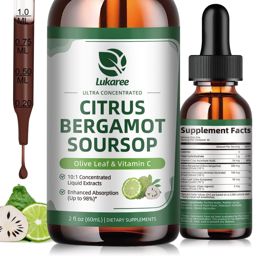 Citrus Bergamot液滴 - 配苏尔索普,红酵母水稻,大蒜,橄榄叶,黑椒 - 高吸收 - 支持整体健康* - 苏尔索普比特液,2 Fl Oz