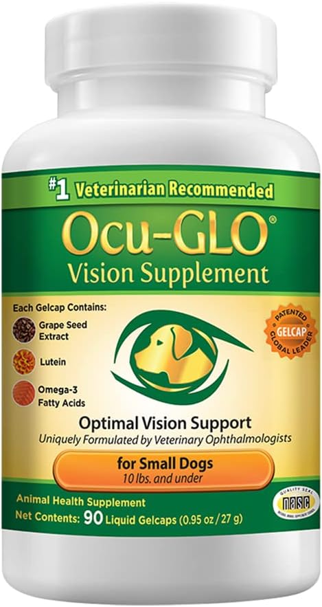 Ocu-GLO Vision Supplement for Small Dogs - Lutein, Omega-3 Fatty Acids, Grapeseed Extract - Support Optimal Eye Health & Vision in Dogs - Antioxidants for Canine Ocular Health - 90ct SNIP CAPS