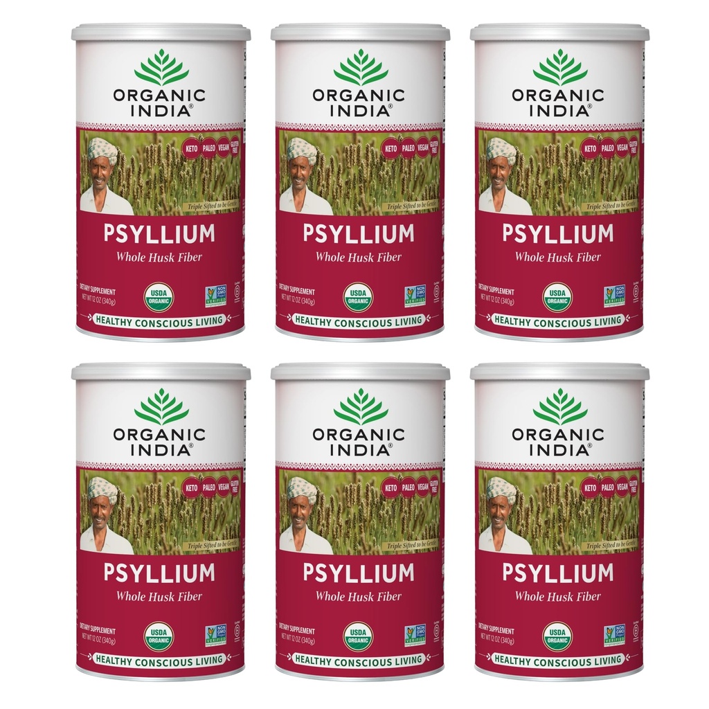 ORGANIC INDIA 整 P胡斯克粉末有机 - yl胡斯克纤维补充剂,文摘支持,Vegan,Gluten-free,非GMO,溶性与不溶性纤维源 - 12 oz罐头,6包