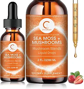 Sea Moss & Mushrooms Liquid Drops,爱尔兰海 Moss & Cordyceps 的狮子 Mane 补编等,支持记忆、焦点和澄清、Immune和消化健康,Non-GMO,草莓火焰,2 FL OZ