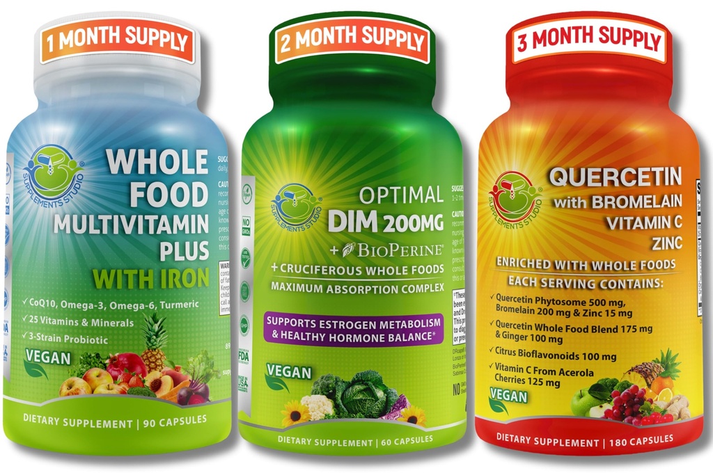 Daily Hormonal & Immune Support Bundle for Women & Men - DIM 200mg for Hormonal Balance + Quercetin 500mg with Bromelain & Zinc + Whole Food Multivitamin with Iron – Vegan, Non-GMO Wellness Support