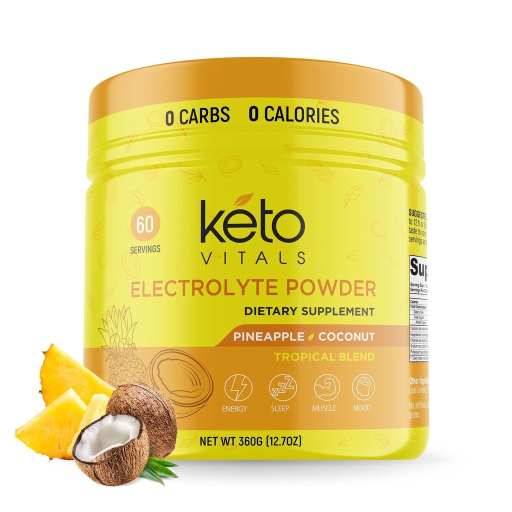 Keto Vitals Electrolytes Powder - 糖自由 Keto Electrolytes Power 配有钾,镁,钠,和钙 - 无糖电解质 饮用混合和水解 粉,60种服务,菠萝椰