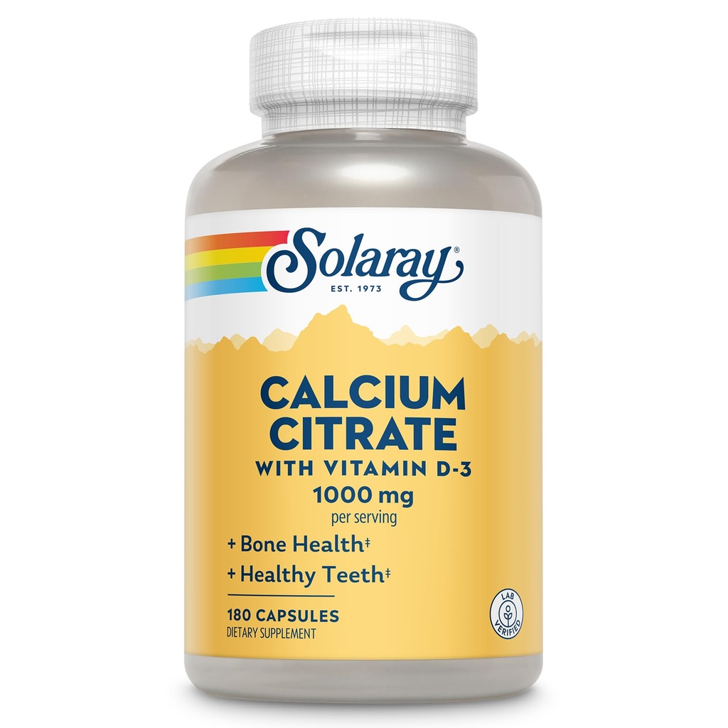 Solaray钙 配有维生素D3 1000毫克 - 骨强力和健康牙齿支持 - 温柔消化公式 - 实验室验证,60天保证 - 30种服务,180种卡普尔