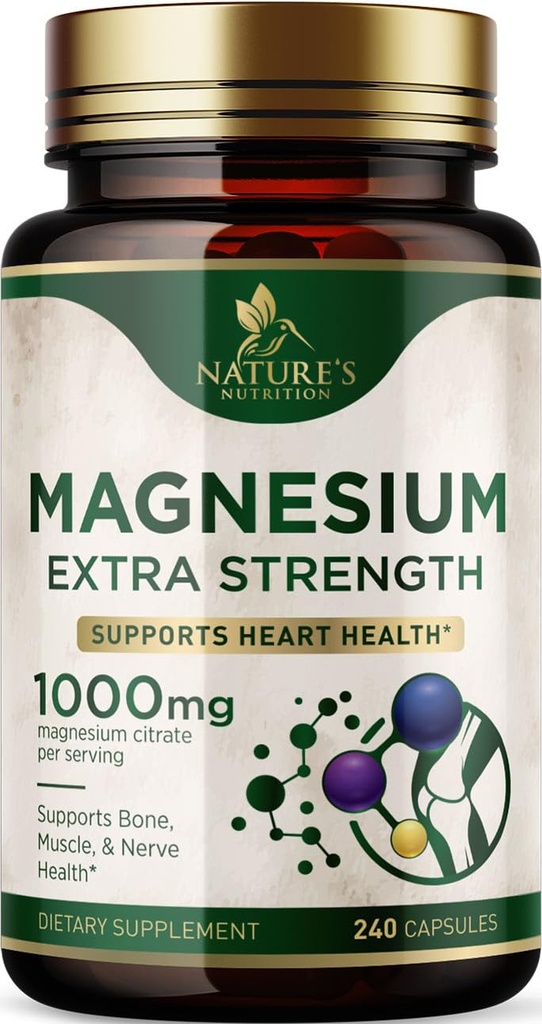 镁矿物补充1000 mg - 高钾镁酸盐用于骨骼、心脏健康、神经和肌肉支持、天然镁复合物用于全身支持,美国瓶装 - 240 Capsules