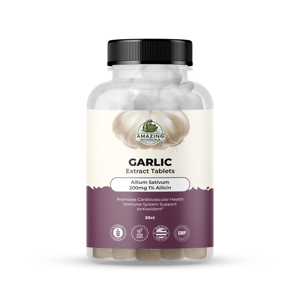 神奇植物学大蒜提取片 - Allium Sativum 200mg, 1% Allicin - 健康与生命力高位草药补充剂 - 30个计数