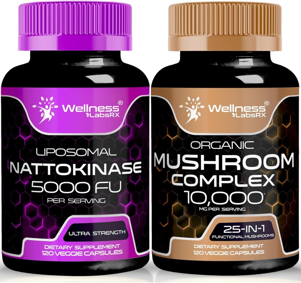 Nattokinase 补充 Capsules - 5000 FU - 纯日本 Natto 提取的酶 → 有机蘑菇 补充 Capsules - 10000mg - 25 in 1 Mushro Complex Capsules