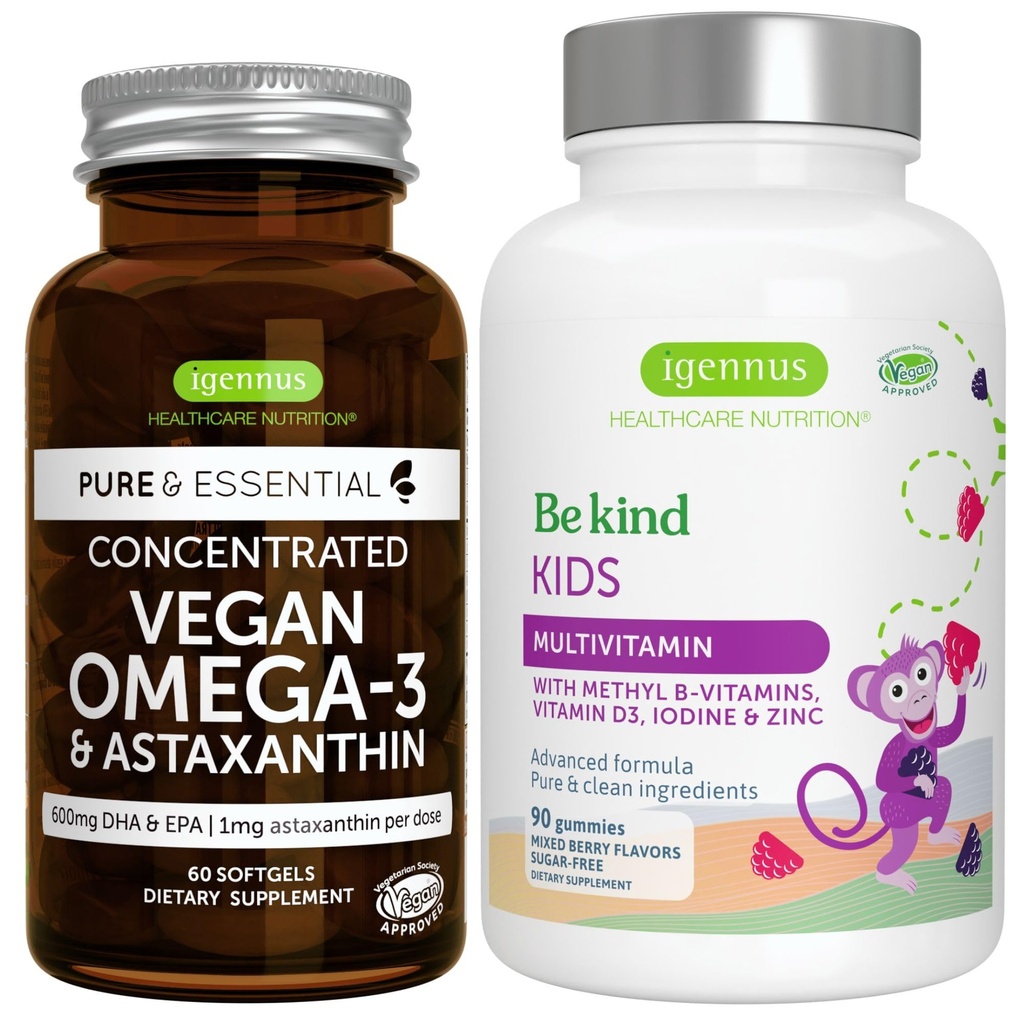 Vegan Omega-3 Algae Oil + 高级儿童 多维塔明 Gummy Bundle, 高浓度 DHA & EPA + 维生素A, B, C, D3 & E, 清洁原料 60 软胶 + 90 Berry Flavor Gummys, by Igennus