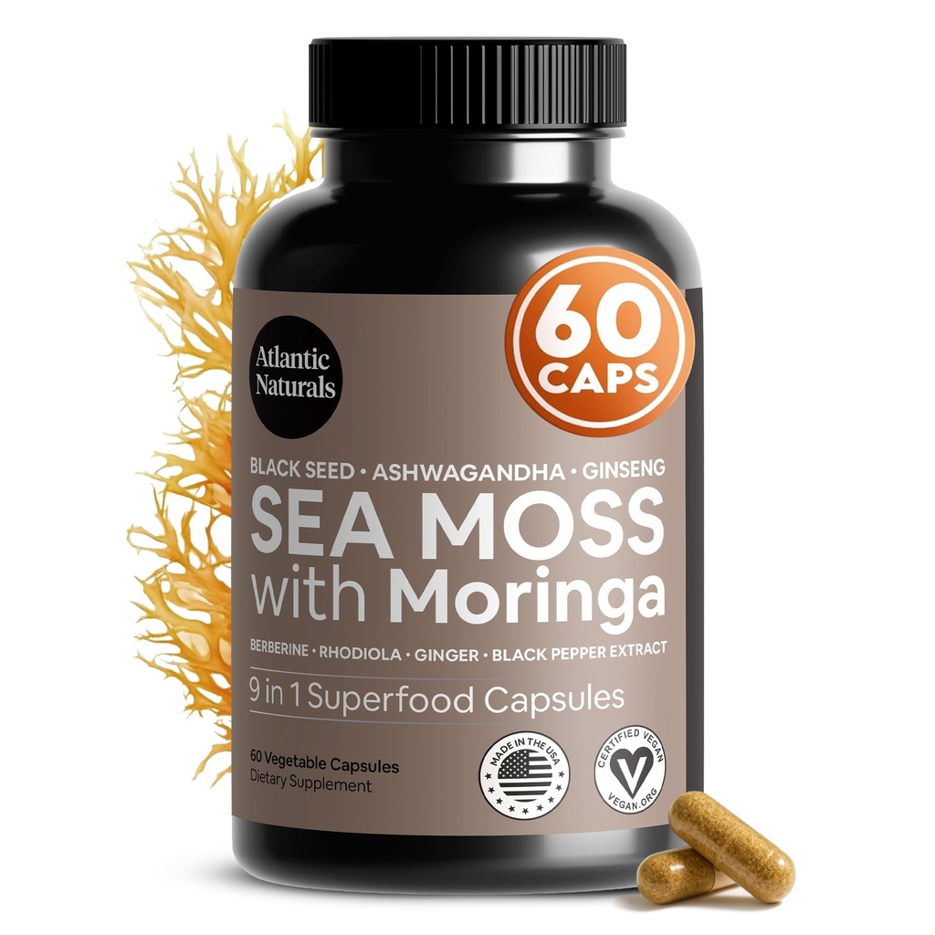 大西洋自然海 Moss Capsules – 爱尔兰海 Moss 含黑种子石油 Ashwagandha, Moringa, Ginseng & Ginger 代表能源,生命力与健康 – 营养补充 – 美国制造 60 Capsules