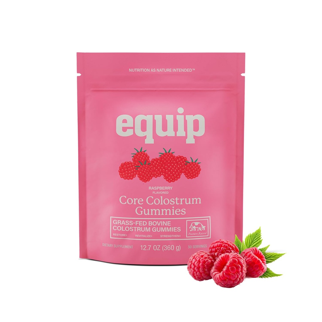 Equip Foods Core Bovine Colostrum Gummies - Delicious 1g Per Seving Grass Fed Colostrum Supplement - Gut Health, Immunity, Recovery, Hair & Skin - 60 Bovine Colostrum Gummies, 30 Servings, Raspberry