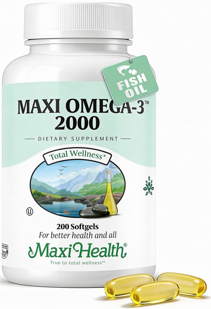 Omega 3 Supplement - Omega-3 Fish Oil 2000mg - Natural Source of EPA & DHA - Heart, Brain & Joint Health - Kosher Certified Wild Caught Marine Fish - 200 Vegetarian Softgels by Maxi Health