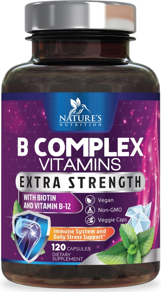 B 复合维生素 Capsules - 配有维生素 B12 B6 C Biotin Folate & Folic Acid for Imune & Enerve Supports - 补充心脏,大脑,神经支持 - 120 Capsules