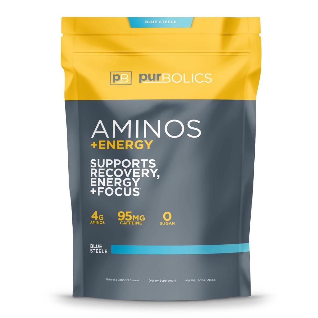 Purbolics Aminos + Energy | Supports Recovery, Energy & Focus | 95mg of Caffeine, 0 Calories & 60 Servings (Blue Steele)