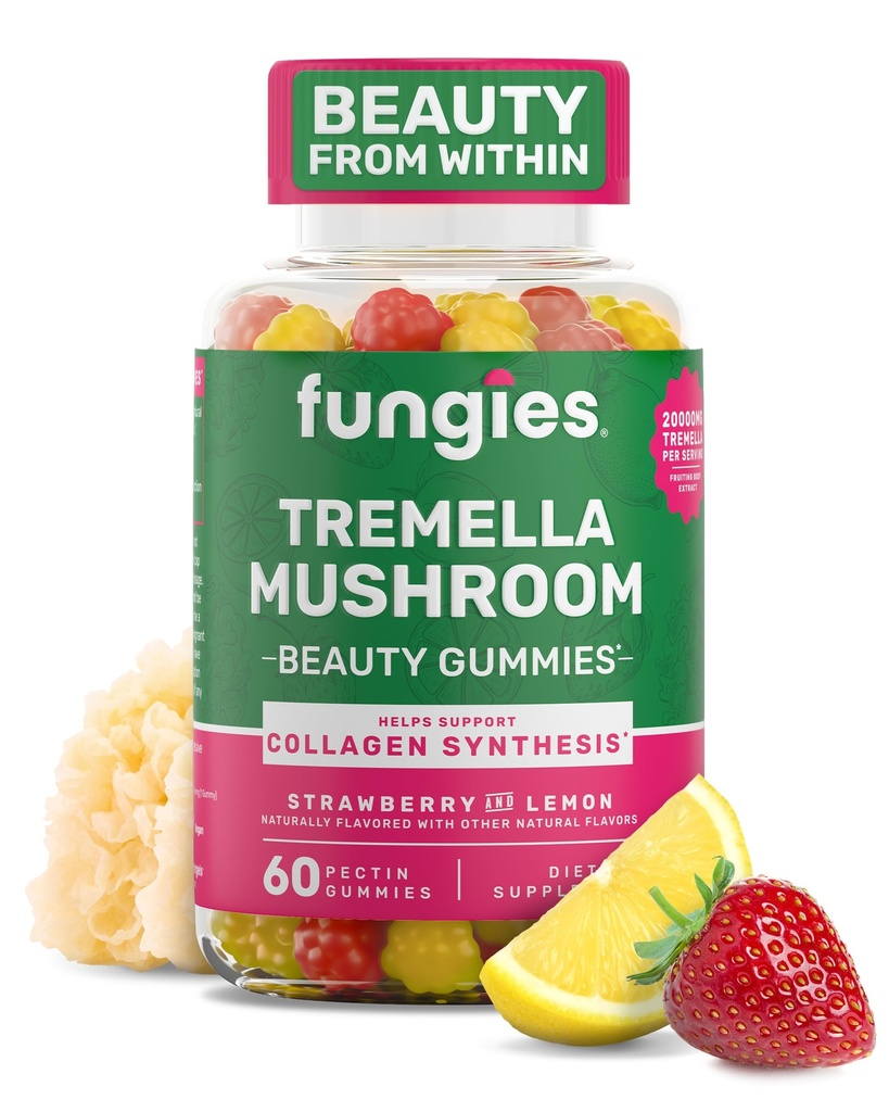 Fungies Tremella 蘑菇口香糖 混合草莓和柠檬火焰 - 蘑菇草药补充剂 Gummy 成人支持Collagen 合成,健康皮肤与健康老化 - 美女口香糖 60种服务