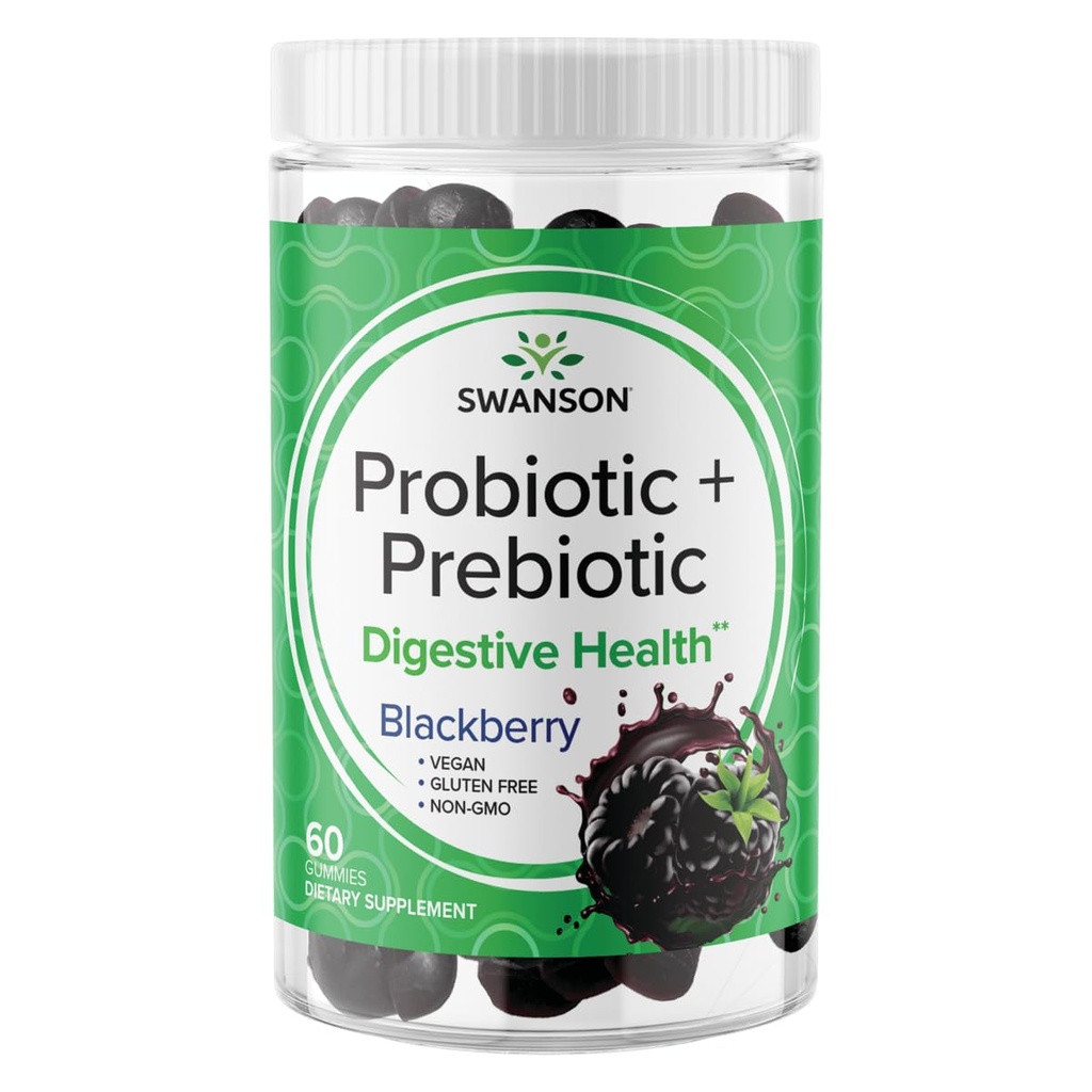 Swanson Probiotic + Prebiotic Gummys - 消化支持补编 促进消化功能 & Bowel 常规性 - 帮助支持免疫健康 - (BlackBerry, 60 Gummys)