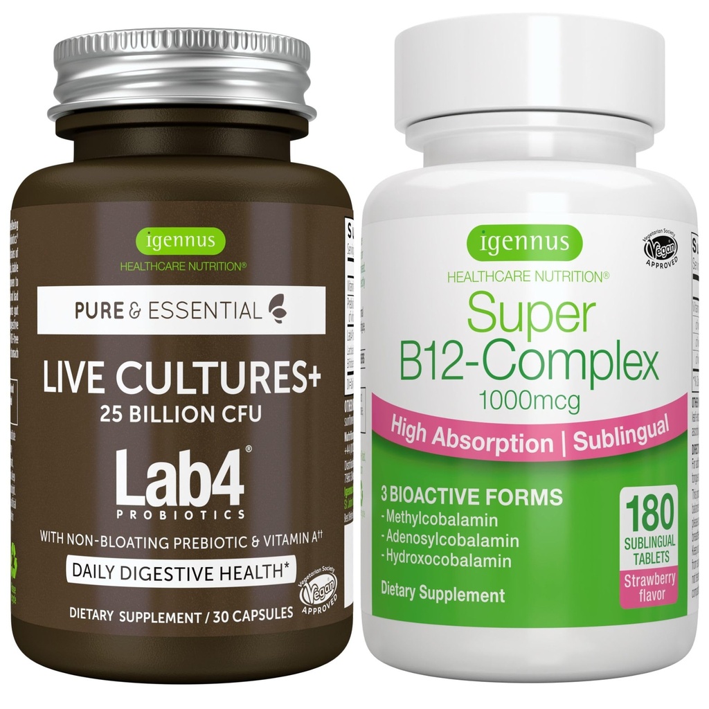 现场文化+ Lab4 Probiotics + Super B12-Complex, Vegan Bundle, 25亿 CFU 酸性杆菌和Bifidobacterium + 高吸收分语言 B12, 作者: Igennus