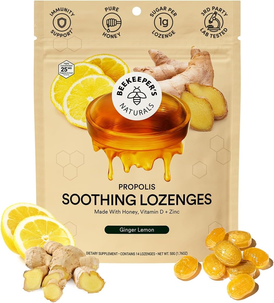 养蜂人自然酥蜜 姜柠檬 咳嗽 与维生素D,锌 和 Propolis 喉部酥糖 Lozenges, 14 Ct