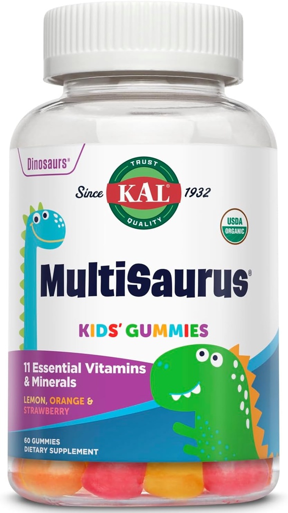 KAL MultiSaurus Multivitamin Gummys, USDA 儿童有机多维明, 健康骨骼, 免疫和能量支持, Vegan & Gluten Free, 无人工火焰或颜色, 30种服务, 60种Gummys