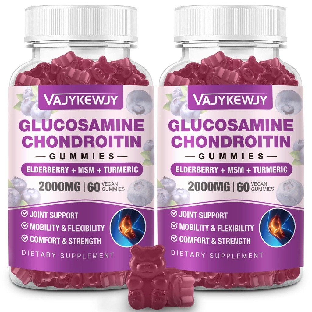 2 Packs 2000mg Glucosamine Chondroitin Gummys,配有Chondroitin MSM & Turmeric的超强Glucosamine,联合支持补充,抗氧化剂免疫支持 - 120 Gummys