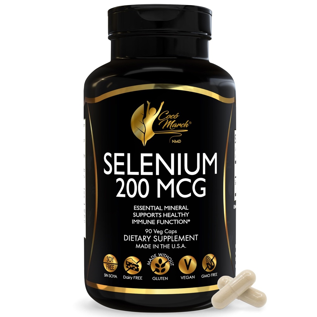 Cocó March N.M.D. Selenium 200 mcg – 甲状腺素和免疫支持补充剂 – 代谢和抗氧化剂防御的基本矿物 – Gluten Free, Dairy Free & Vegan – 3个月供应,90 Veg Capsules