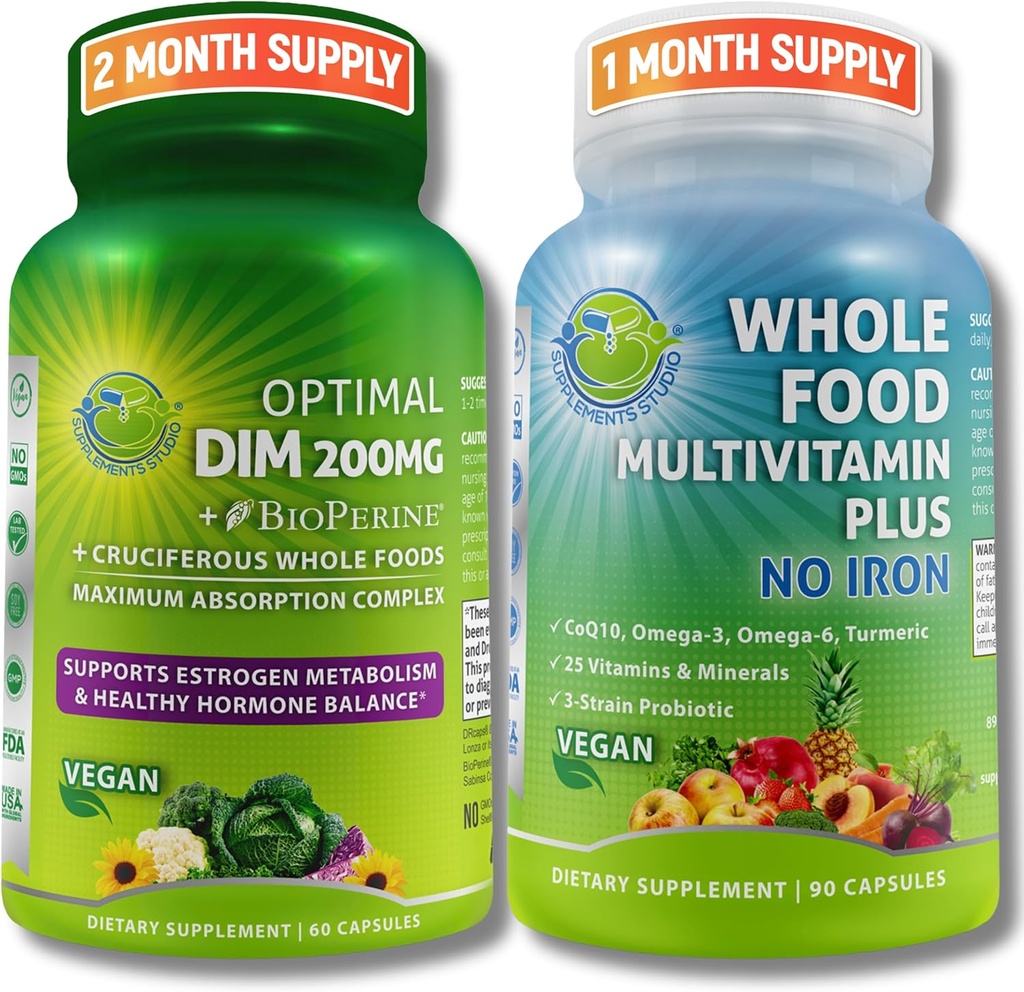 Vegan 多系统支持 CoQ10, Omega-3, Probiotics & Turmeric - 最佳DIM 200mg 与 BioPerine & Cruciferous 蔬菜 & 全食 多维塔明 Plus(无铁) 供男女使用 – 清洁标签