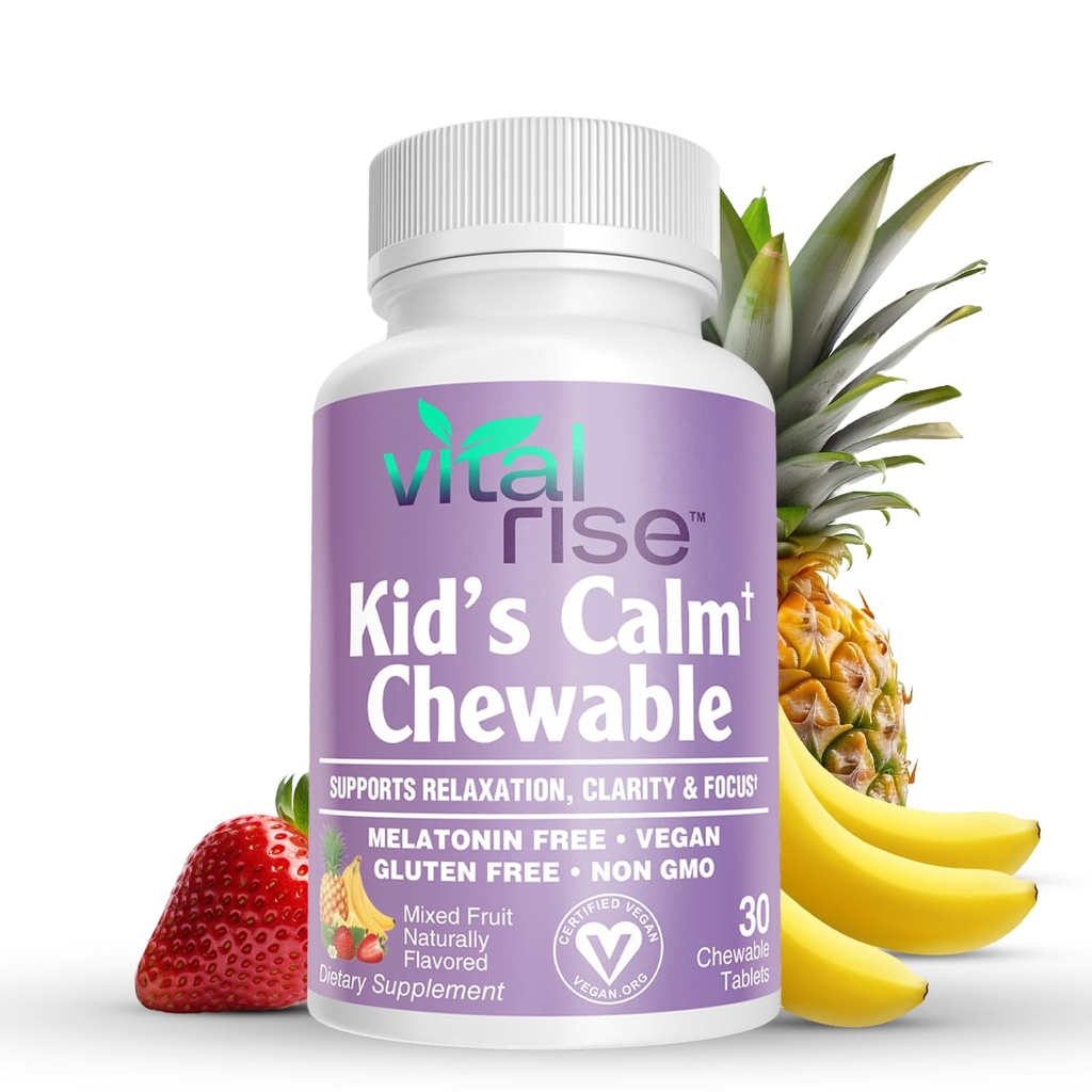 Kids Magnesium Chewable Tablets - Sugar-Free & Melatonin-Free Supplement for Calm, Focus & Healthy Stress Balance with Fast-Absorbing Magnesium + L-Theanine, Mixed Fruit Flavor (30 Count)