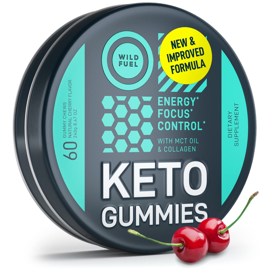 MCT Oil Keto Gummies Collagen Metabolism Booster - Pre Workout Gummy Energy Chews Keto Candy - Physical and Mental Energy, Low Carb, Low Calorie - 60 Cherry Collagen Gummies For Women and Men