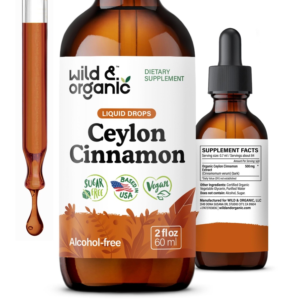 野生与有机 锡兰 肉桂提取液滴500mg - 综合支持液桂补充剂 - Cinnamomum Verum Bark Tincture - Vegan,糖和无酒精,非GMO - 2 fl oz