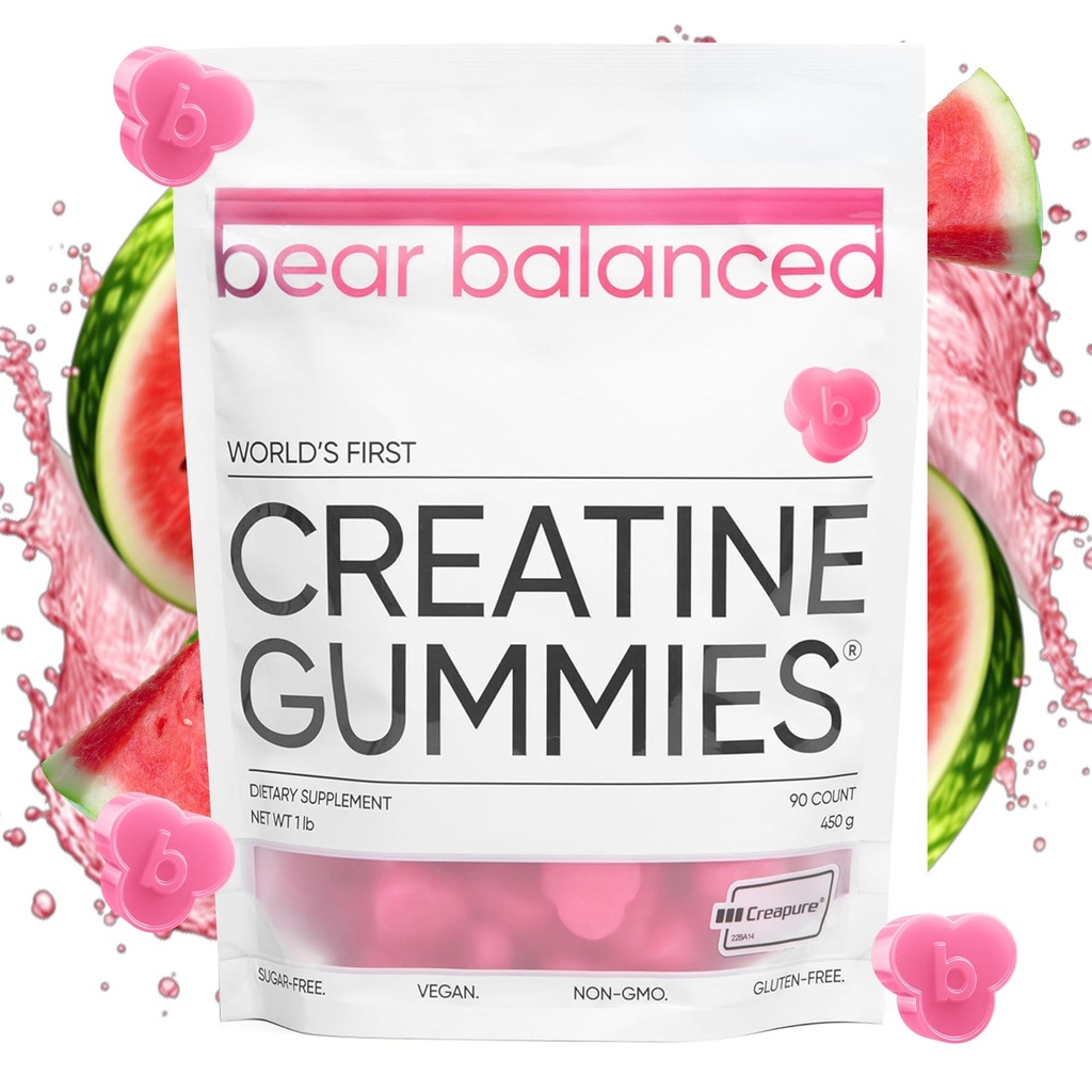 Bear Balanced Creatine Gummies for Men & Women - Creapure® Creatine Monohydrate, L-Theanine, L-Tyrosine & B12 for Muscle Growth, Strength, Focus, Energy & Health - Low Calorie, Sugar-Free, & Vegan