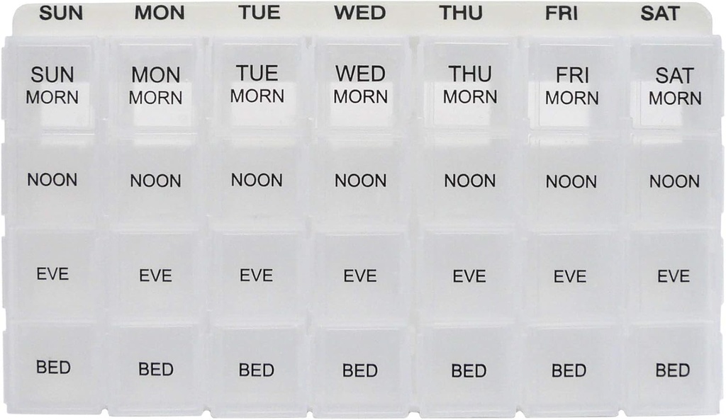 ProMed Weekly 4 Times Daily 7 Day Pill 药物,维生素和补充剂组织者 \\\ Ergonomic Pill case with remove clear capitions \\\ BPA-Free & Medical-Grade Plastic