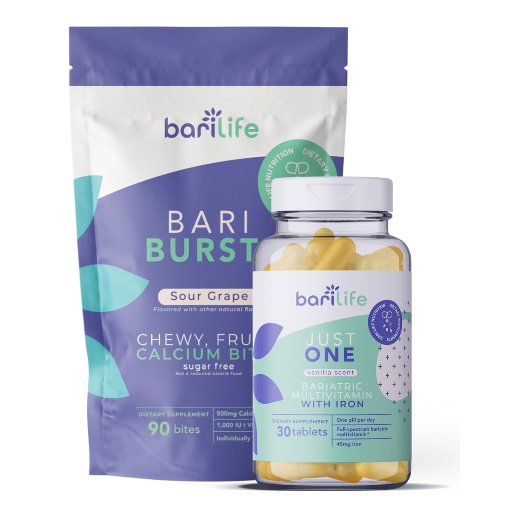Bari Life Just One, Once Daily Bariatric 多维素加铁(30块石板)和BariBurst Calcium 奶油软菜用于胃侧口、胃袖口和Duodenal Switch(葡萄)