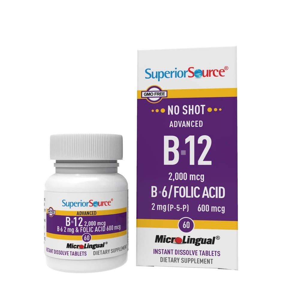 Superior source No Shot Advance B-12 2,000 mcg B-6 / Folic Acid 600 mcg – 女性和男性的Folic Acid – B维生素补充 支持能量和细胞健康 - 60 分语言解片