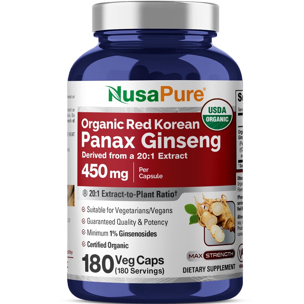 NusaPure 红韩Panax Ginseng 20:1 提取物,450毫克等效于9,000毫克 180 维吉卡普(USDA Organic,非GMO,Vegan,Vegetarian,Bioperine)