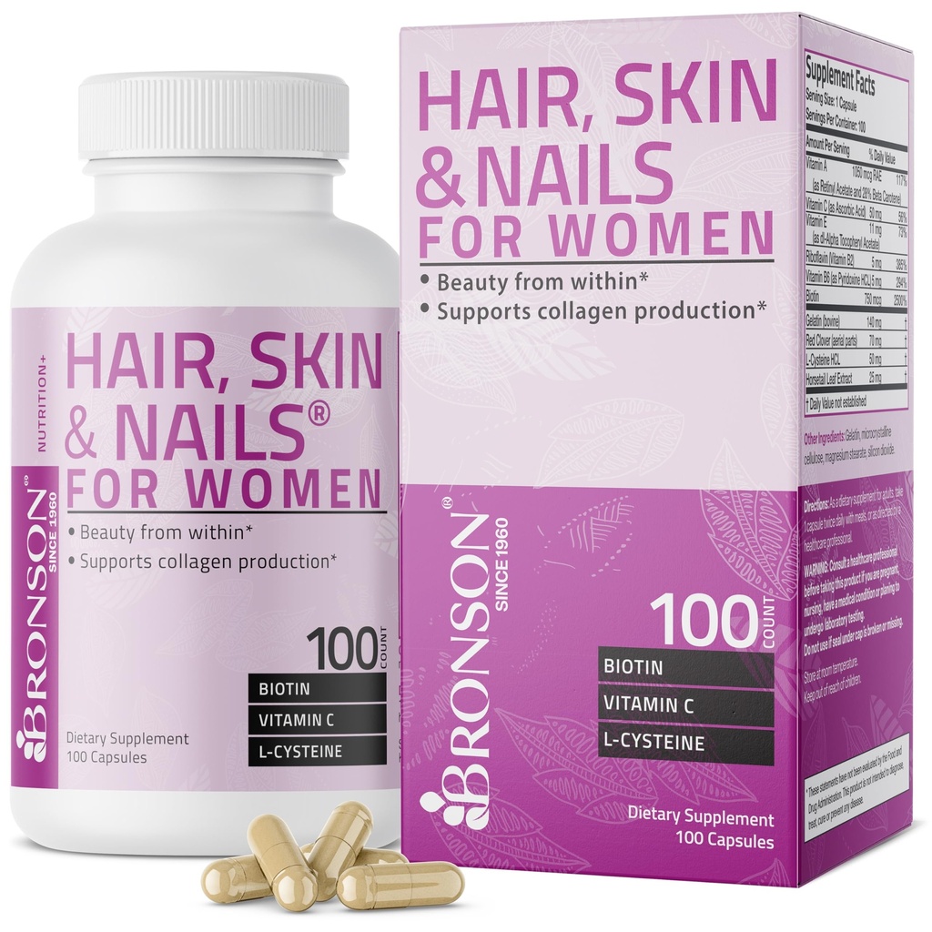 Bronson Hair, Skin & Nails, 配有生物素 外强性维生素 女性补充, 100卡普勒