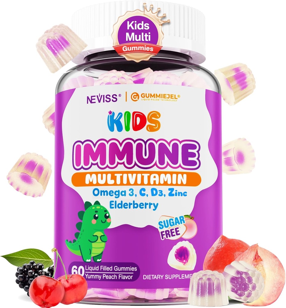 儿童多维生素+免疫支持Gummys,维生素C D3 & Zinc,Omega-3,A,E,老莓,儿童维生素Gummys促进健康发展,豁免,骨质生长和眼部健康,无糖,60Cts