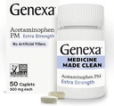 Genexa Clean Acetaminophen PM 500mg Extra Strige, Dye Free Pain Reliver, 夜间睡眠援助, Fever Dreaker, 0% 人工添加剂, 释放头痛, 背痛, 小关节炎疼痛, 50 片