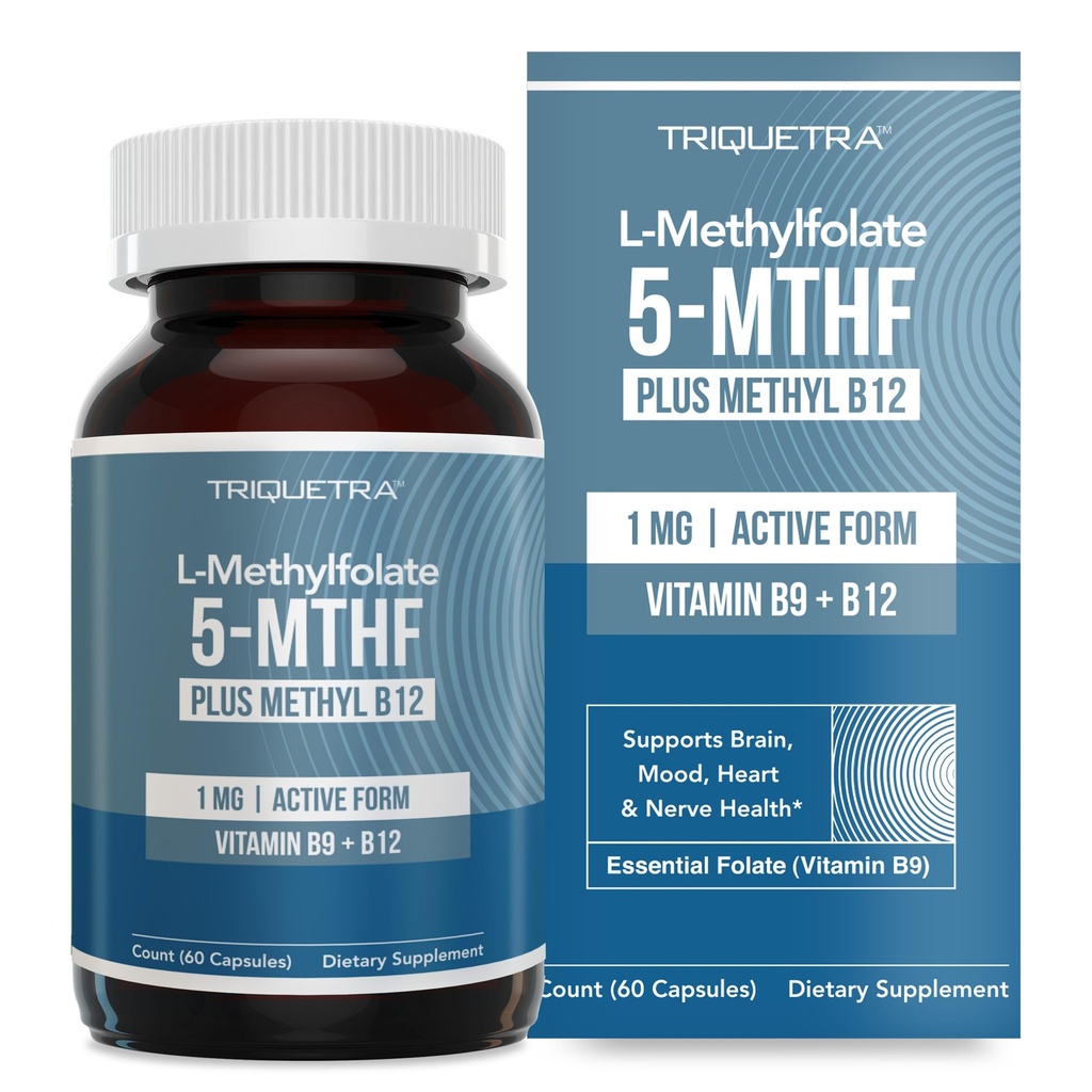 L Methyl Folate 1000 mcg + Methy B12 元因子 — 活性5-MTHF形式 — 支持Mood,甲基化,认知 — 高生物利用率的维生素B9和B12生物活性形式(60 Capsules – 60 services)
