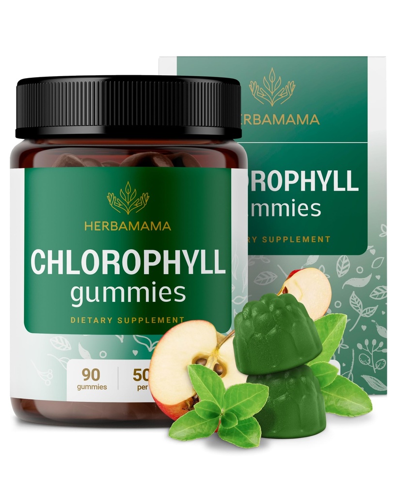 HERBAMAMA 氯羟基解毒固醇 - 50mg 钠 铜氯羟基内除臭剂用于体味支持 - Vegan, N-GMO 抗氧化剂补充剂 - 90 Pectin-Apple-Flavored Chews